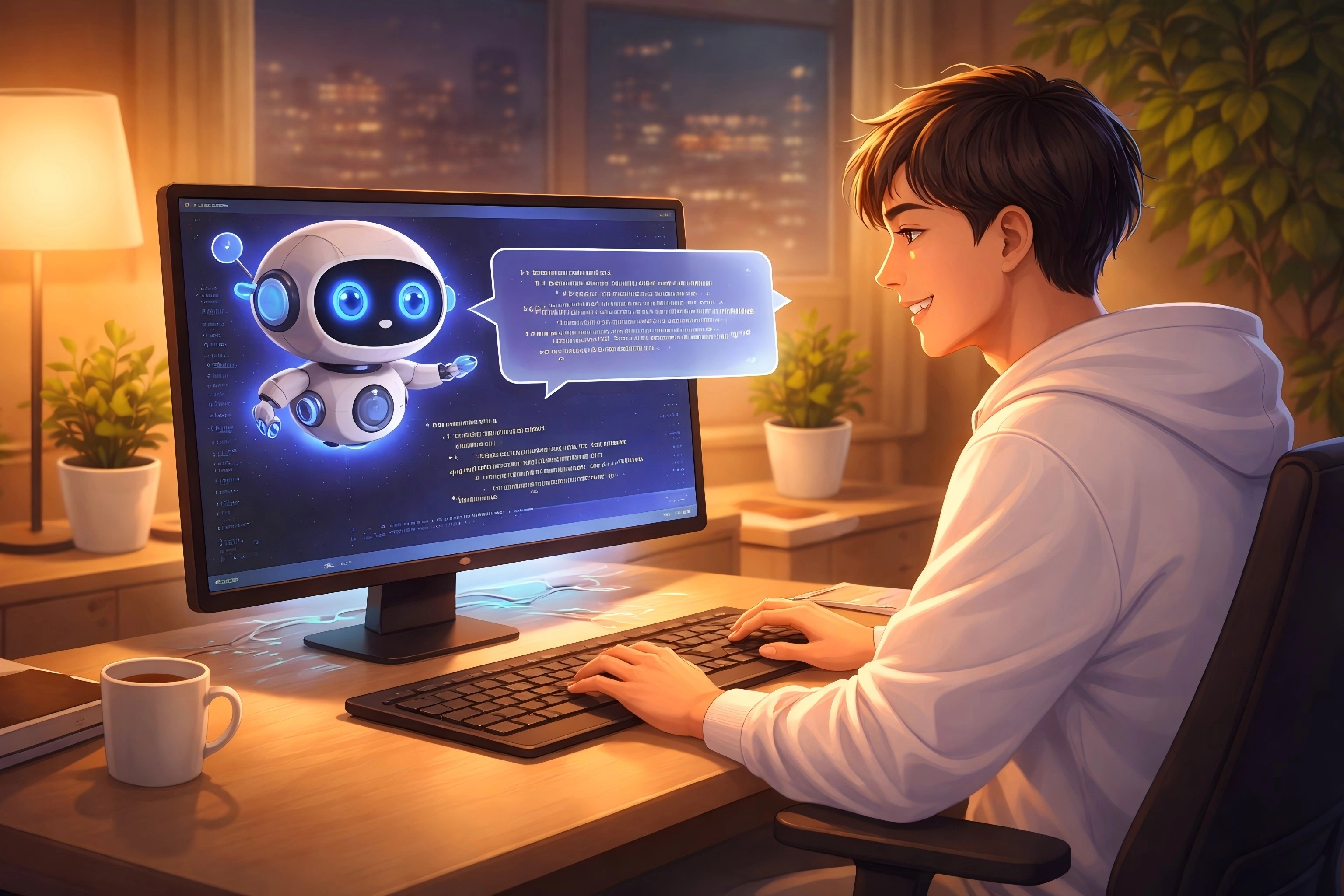 一個人坐在電腦前用自然語言跟AI對話，螢幕自動生成程式碼的情境圖