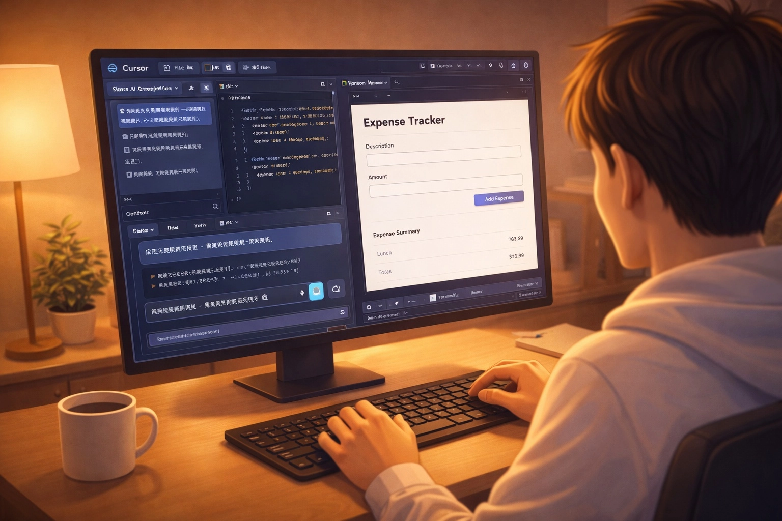 Cursor Composer 介面截圖，展示用中文指令生成記帳 App 的實際操作過程
