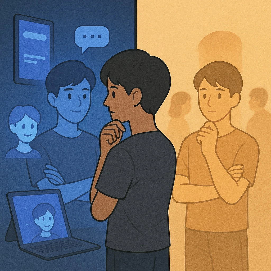 自我檢視概念圖：一個人站在十字路口思考，兩側分別呈現虛擬數位關係和真實人際連結，象徵擬社交互動的自我評估與選擇時刻