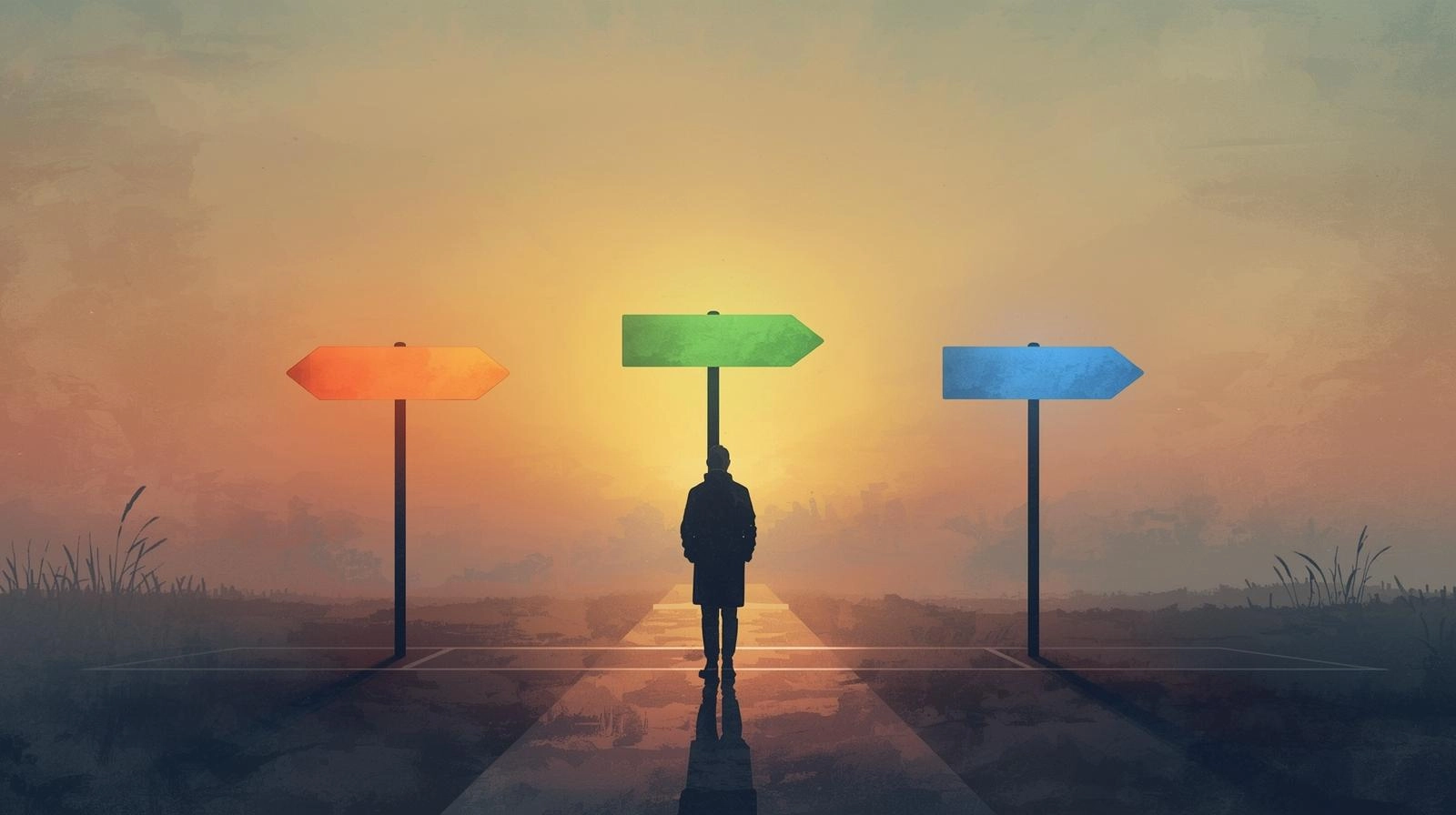 選擇適合的 AI 工具示意圖，站在三岔路口的人面對三個方向，象徵根據需求選擇 Claude、Gemini 或 GPT