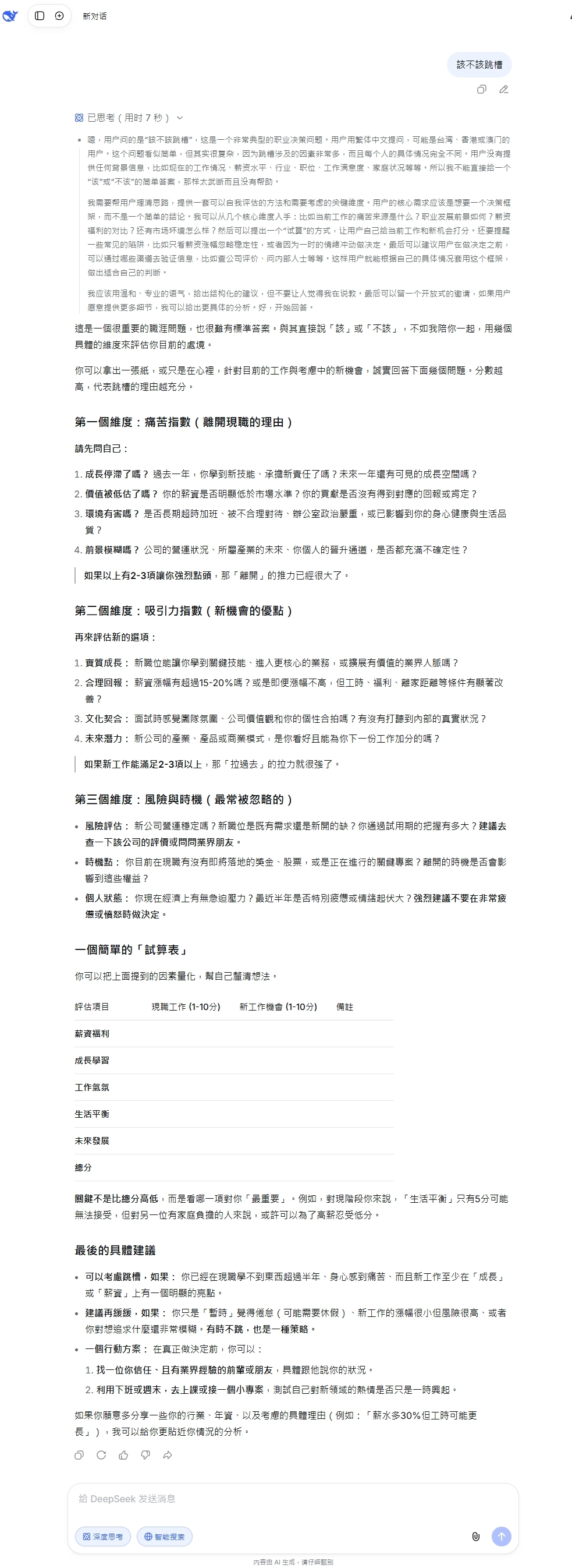 DeepSeek深度思考問該不該跳槽