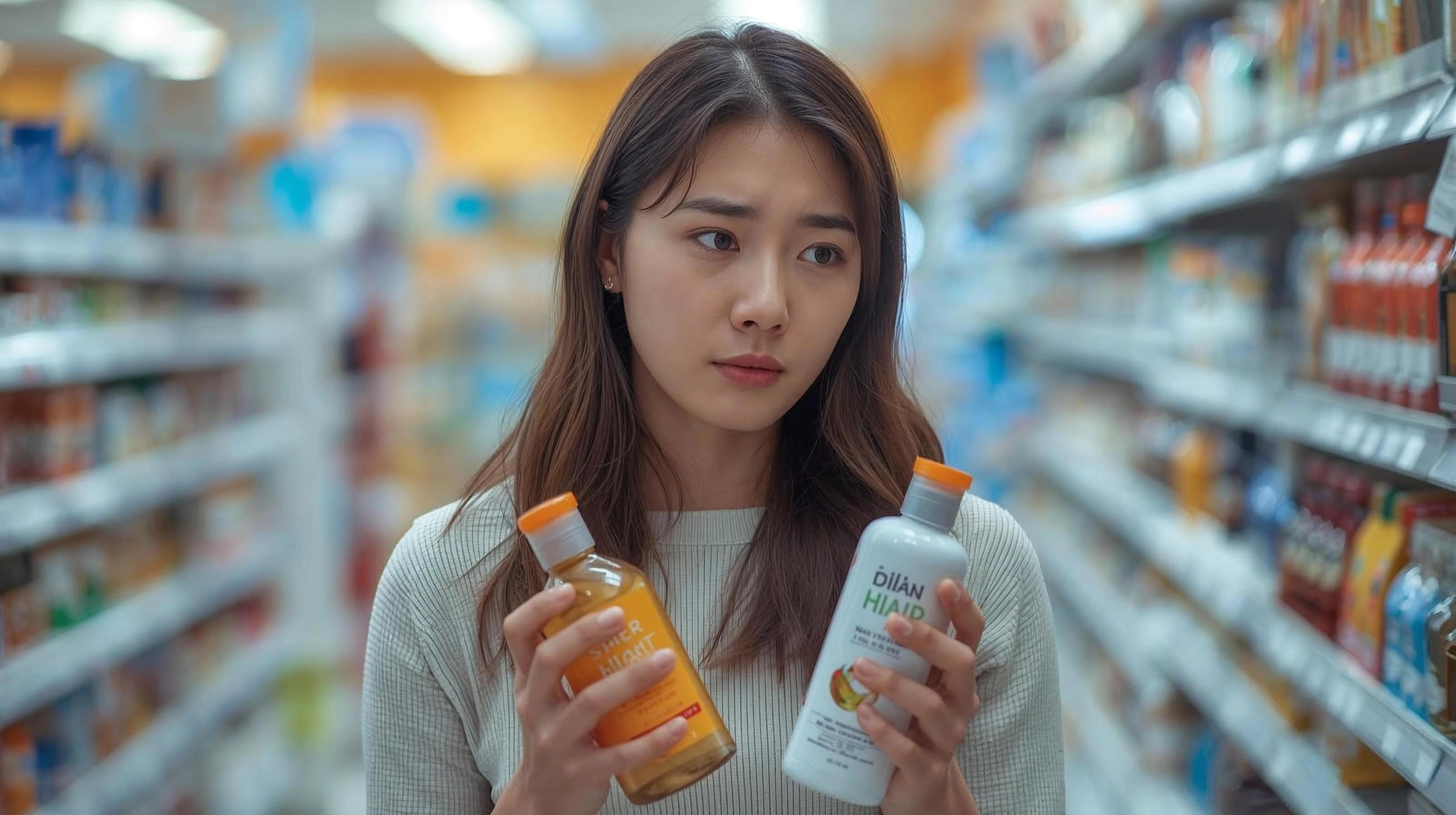 女性在賣場洗髮精區猶豫選購，不知如何判斷頭皮類型選對產品