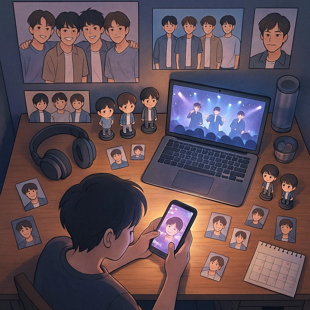 粉絲追星空間俯視圖：書桌上散落著海報、周邊商品、手機顯示直播畫面，一個人在螢幕光線中專注瀏覽內容，呈現現代粉絲文化中的擬社交互動現象