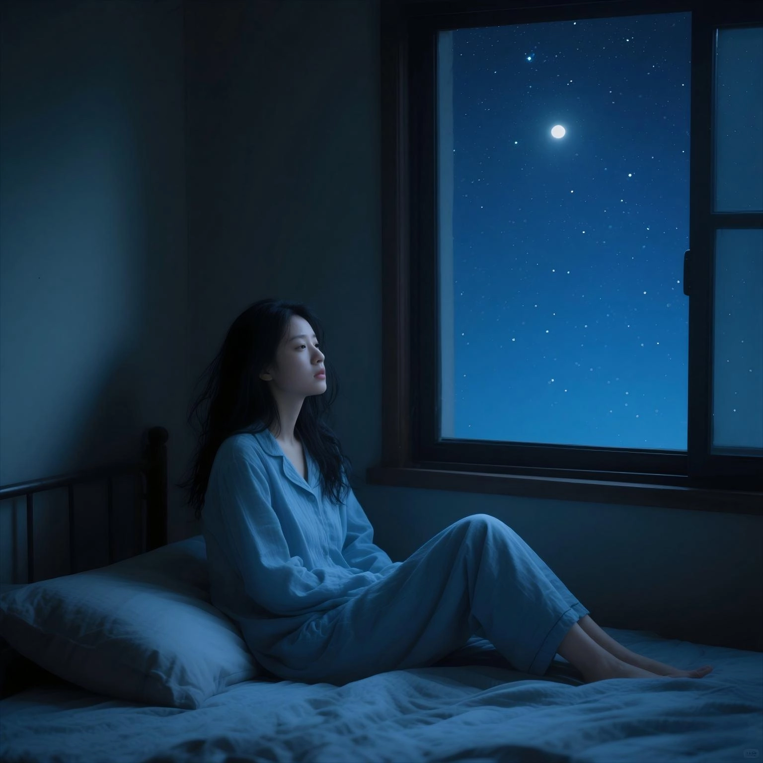 一個在黑暗中醒來的亞洲女性,望向窗外星空