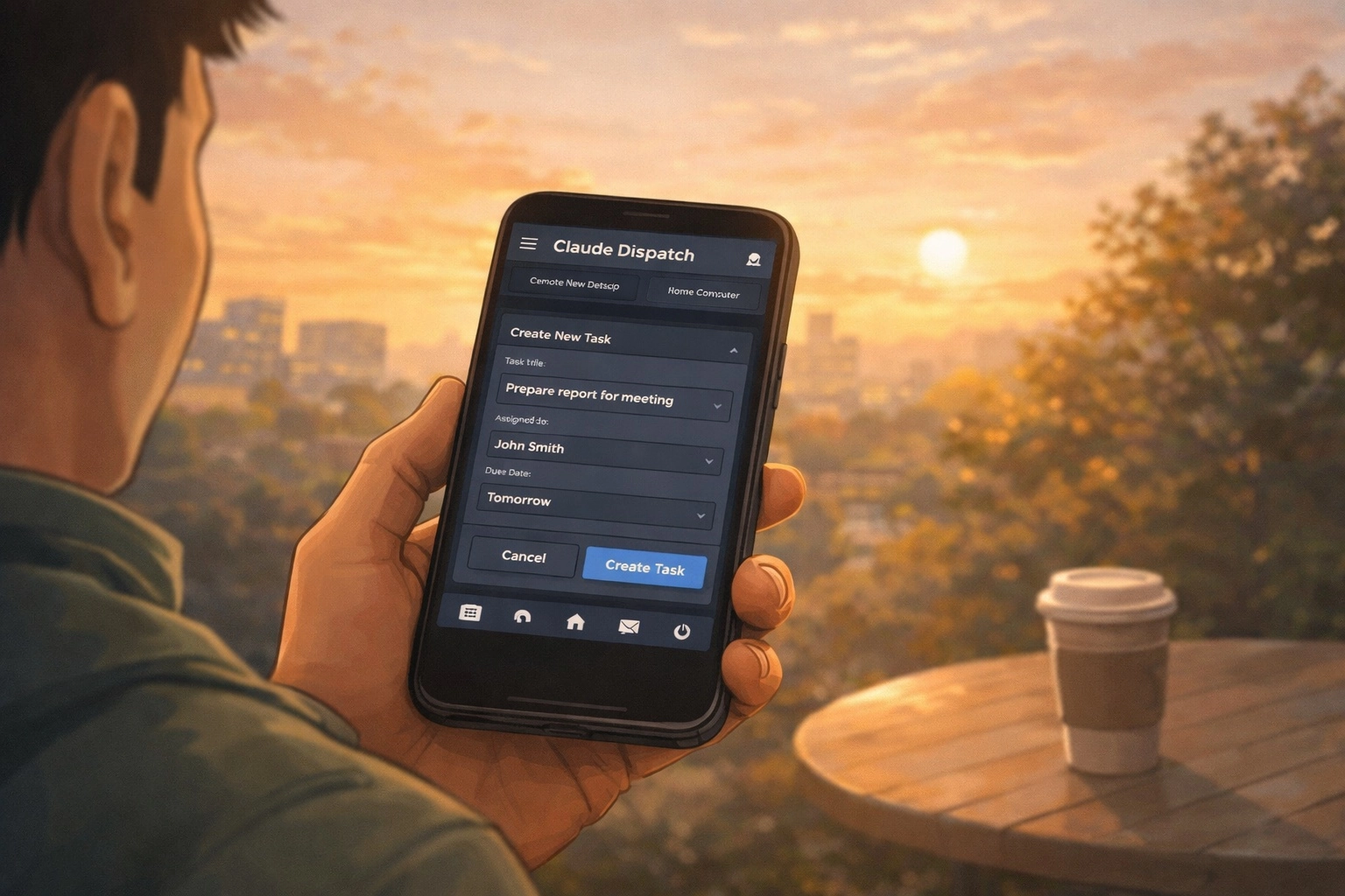 使用者在戶外用手機透過 Claude Dispatch 遠端指派工作給家中電腦