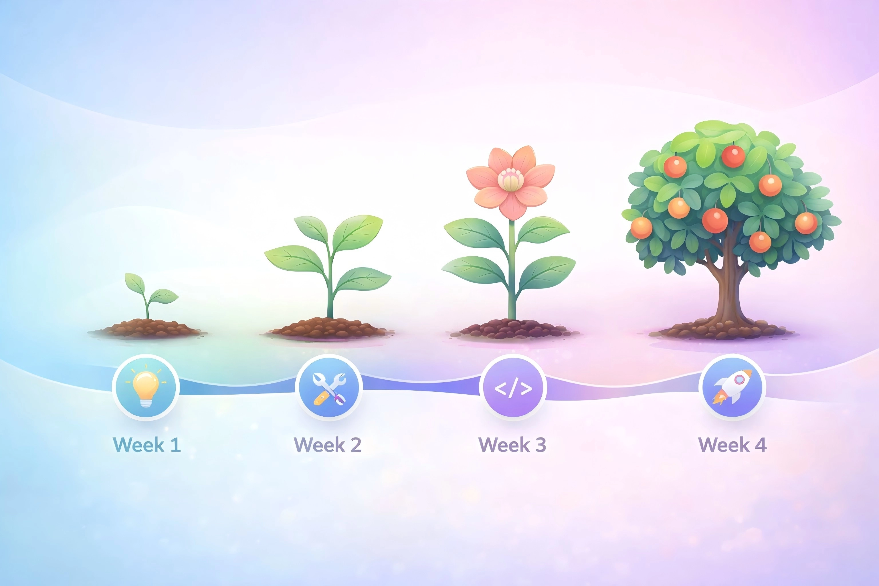 Vibe Coding 四週學習路徑時間軸圖，從入門到獨立完成專案的進度規劃
