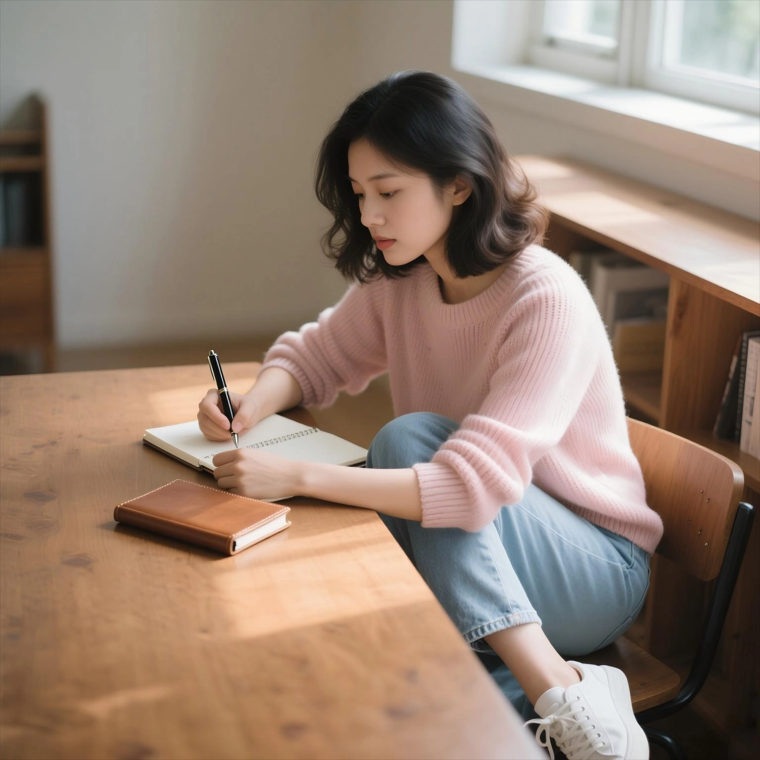 一位亞洲女性在筆記本上寫日記,表情專注