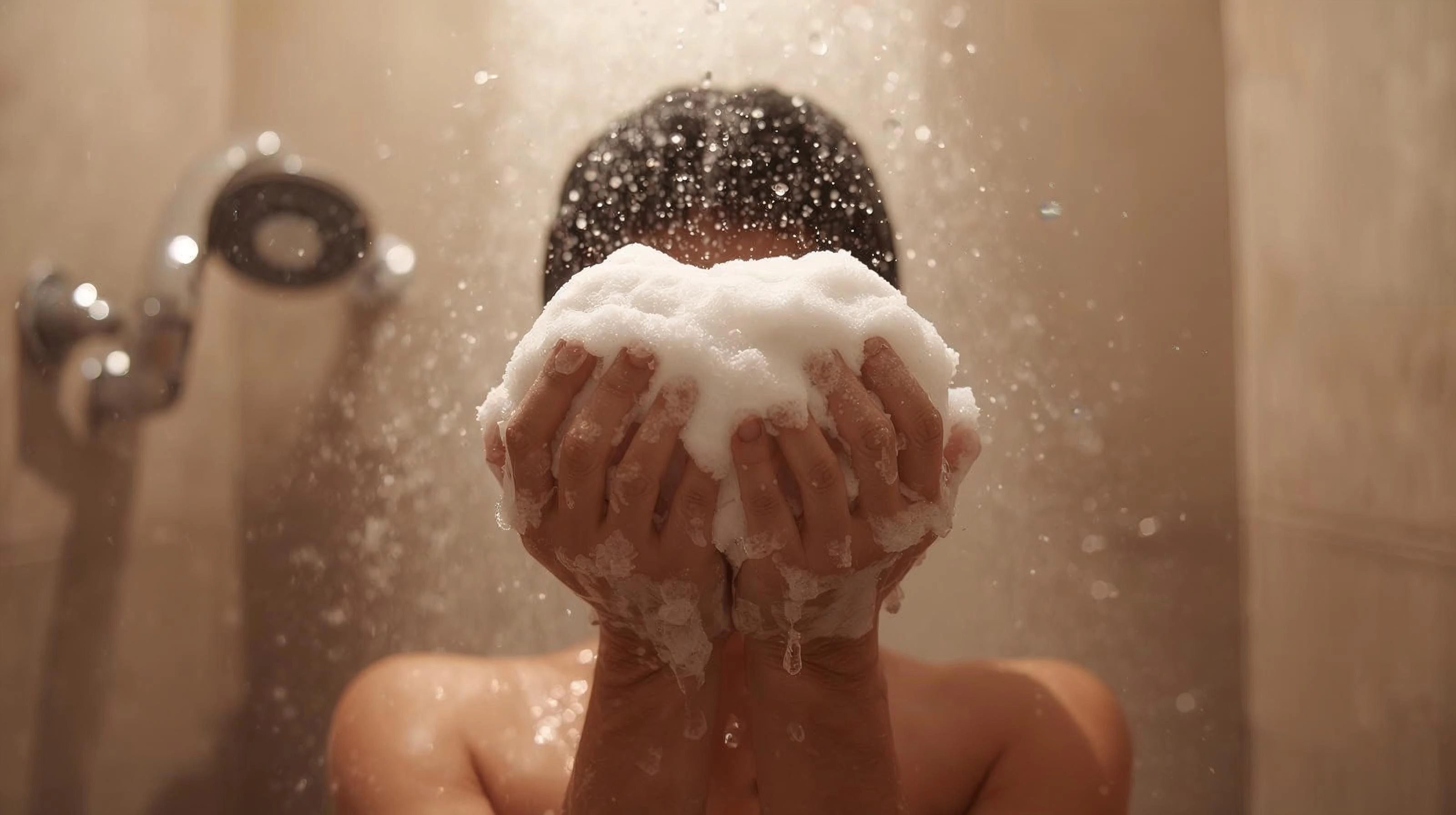 手中過多的洗髮精泡沫，暗示過度清潔是敏感頭皮的常見錯誤