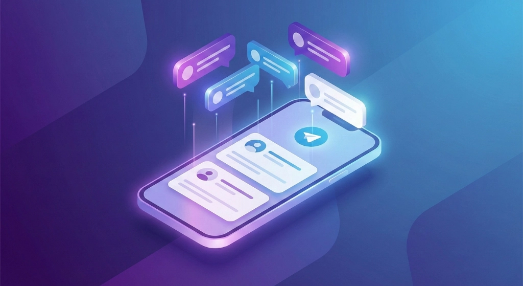 Telegram 自動推送通知效果圖，手機螢幕顯示訊息卡片與通知提示