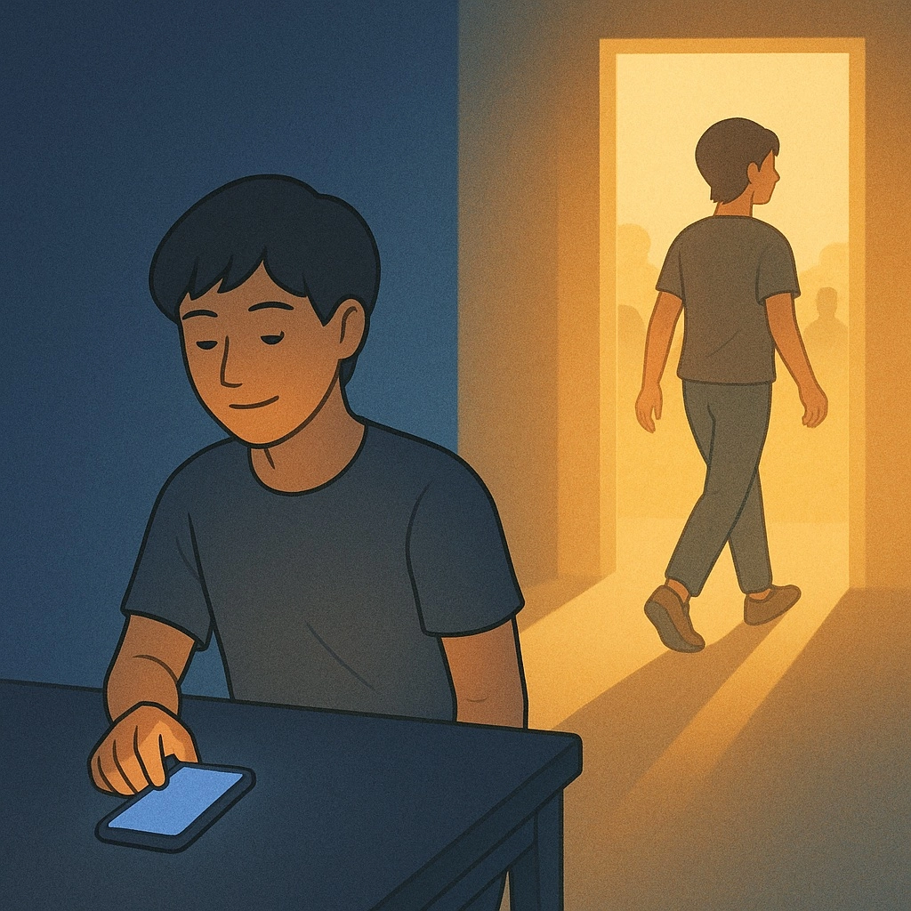 走出擬社交互動概念圖：一個人放下手機，走向明亮的門口或窗戶，背景是真實社交的溫暖場景，象徵從虛擬依賴走向真實連結的正面轉變