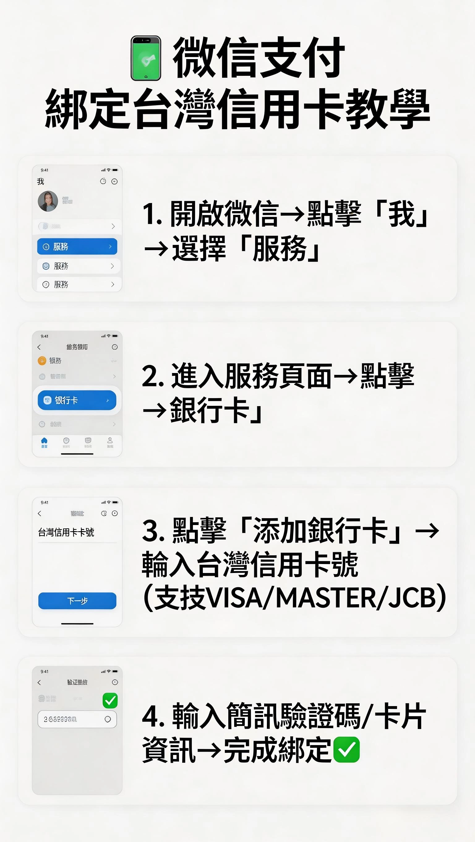 微信支付綁定台灣信用卡步驟畫面