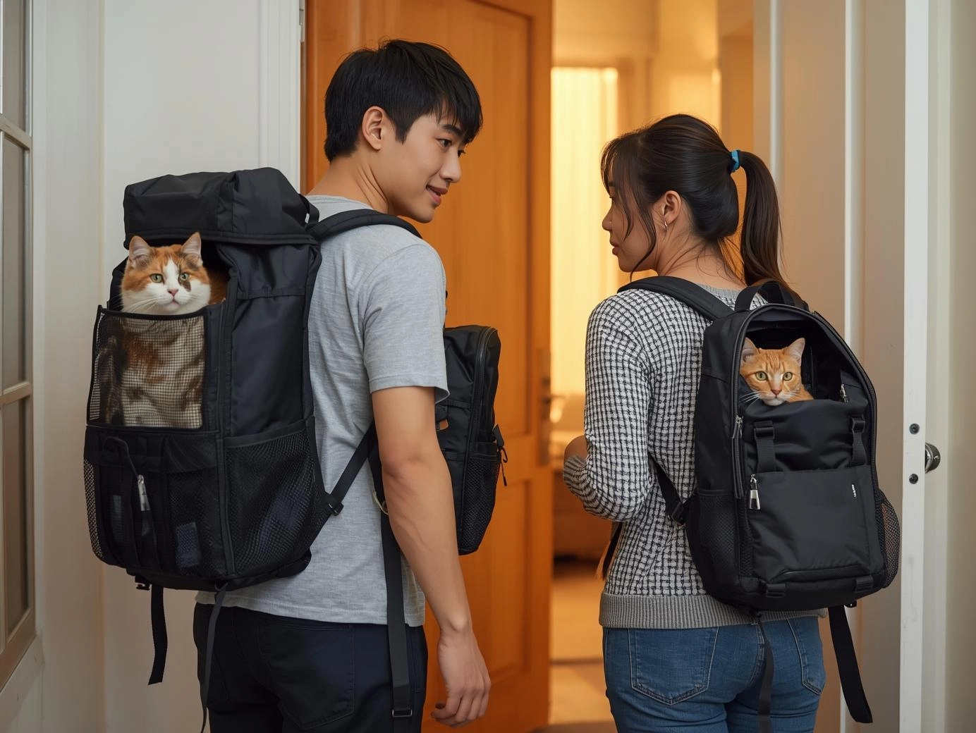 兩人三貓地震撤離分工-前背後背寵物背包配置示意