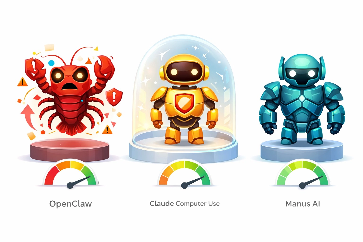 三款 AI Agent 工具安全性比較示意圖：OpenClaw、Claude Computer Use、Manus AI