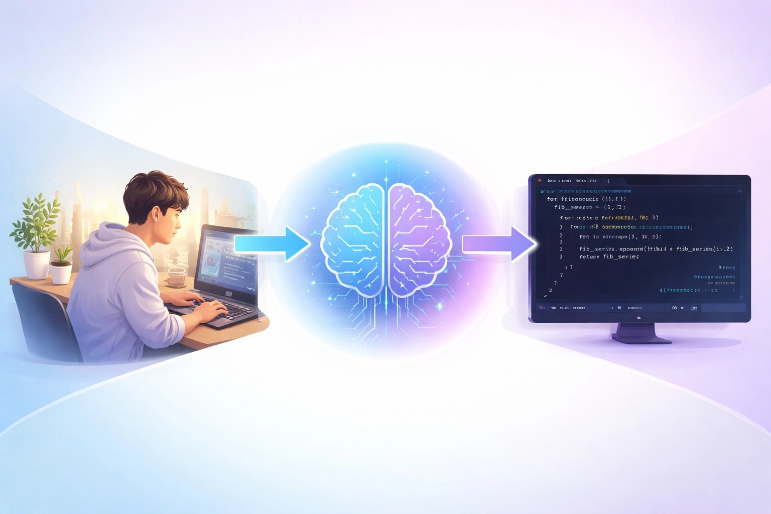 Vibe Coding 概念流程示意圖，從自然語言輸入經過AI處理到程式碼輸出