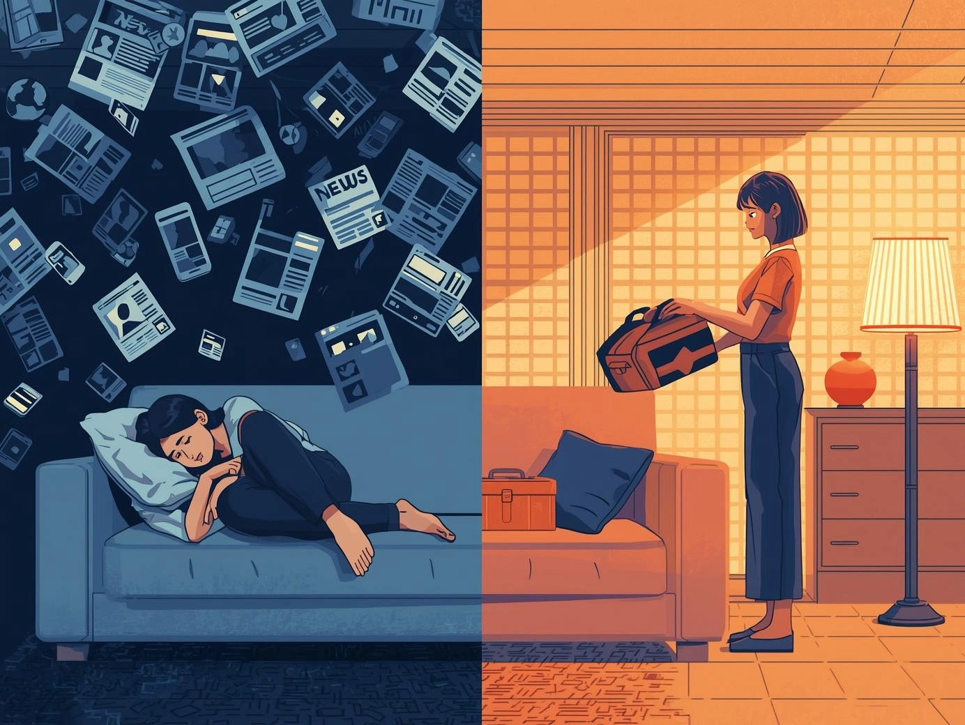 資訊焦慮對比圖：左邊焦慮刷新聞，右邊冷靜準備避難包