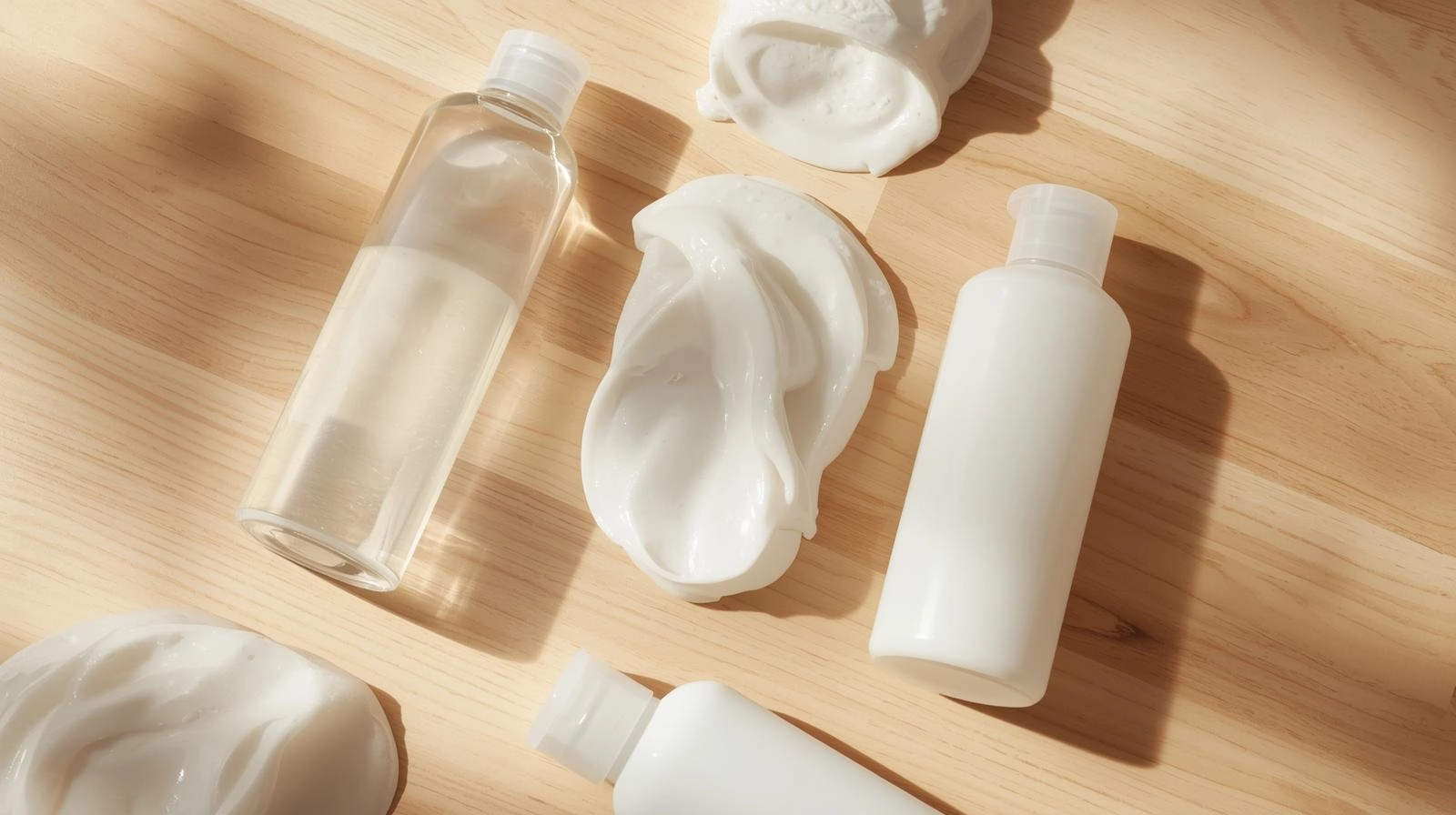 不同質地的洗髮精產品：清爽控油型、滋潤保濕型、溫和低敏型，對應不同頭皮類型