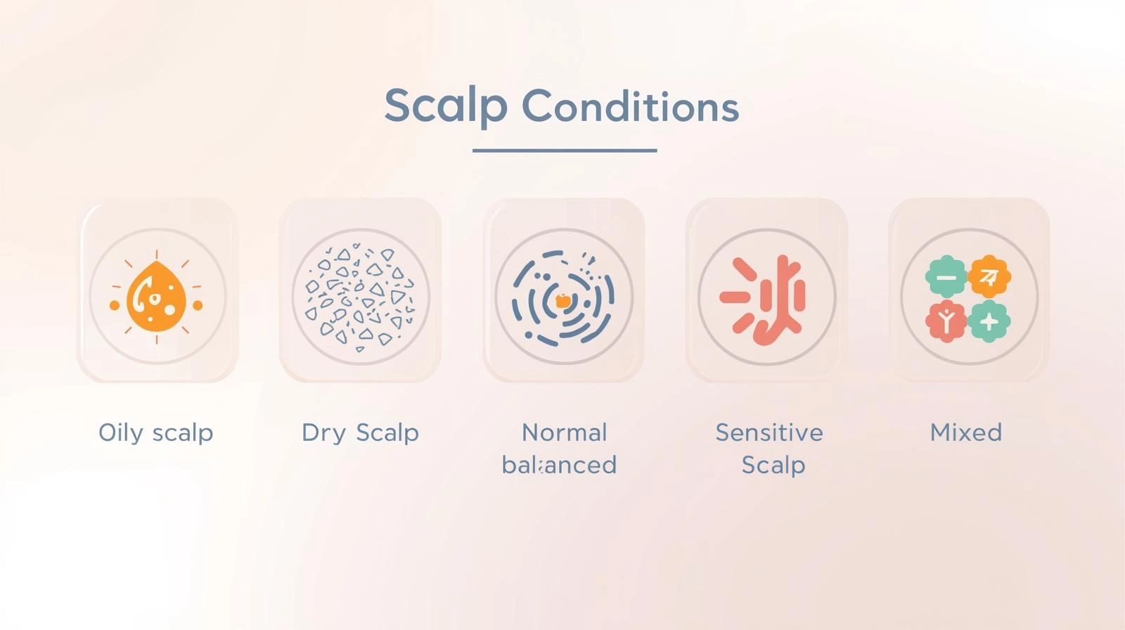五種頭皮類型圖示：油性、乾性、中性、敏感性、混合型頭皮特徵比較