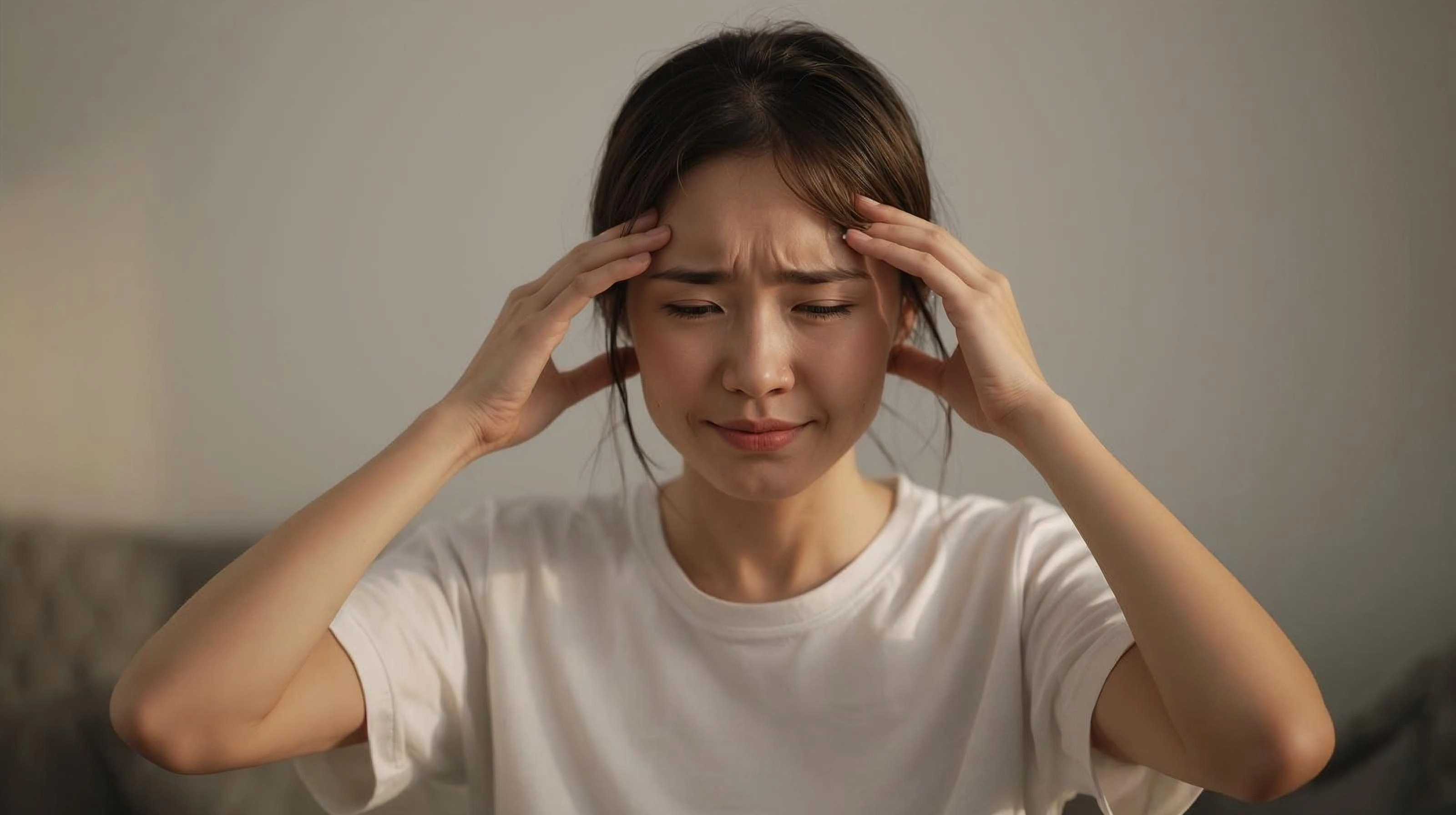 女性輕觸髮際線感到不適，暗示敏感頭皮的日常困擾