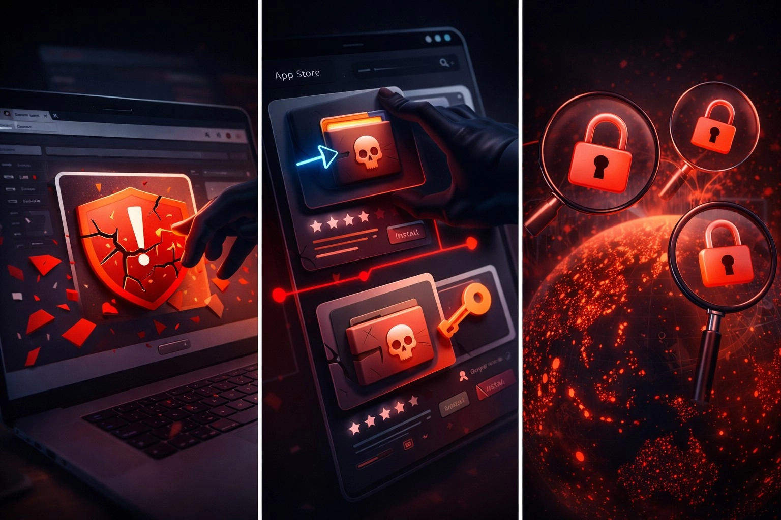 OpenClaw 三大資安漏洞示意圖：遠端攻擊、插件投毒、公網暴露