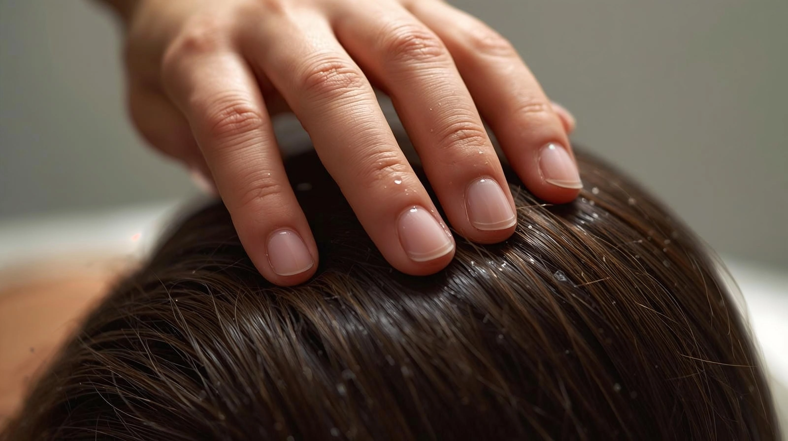 指腹輕柔畫圈按摩頭皮，示範敏感頭皮正確的洗髮手法