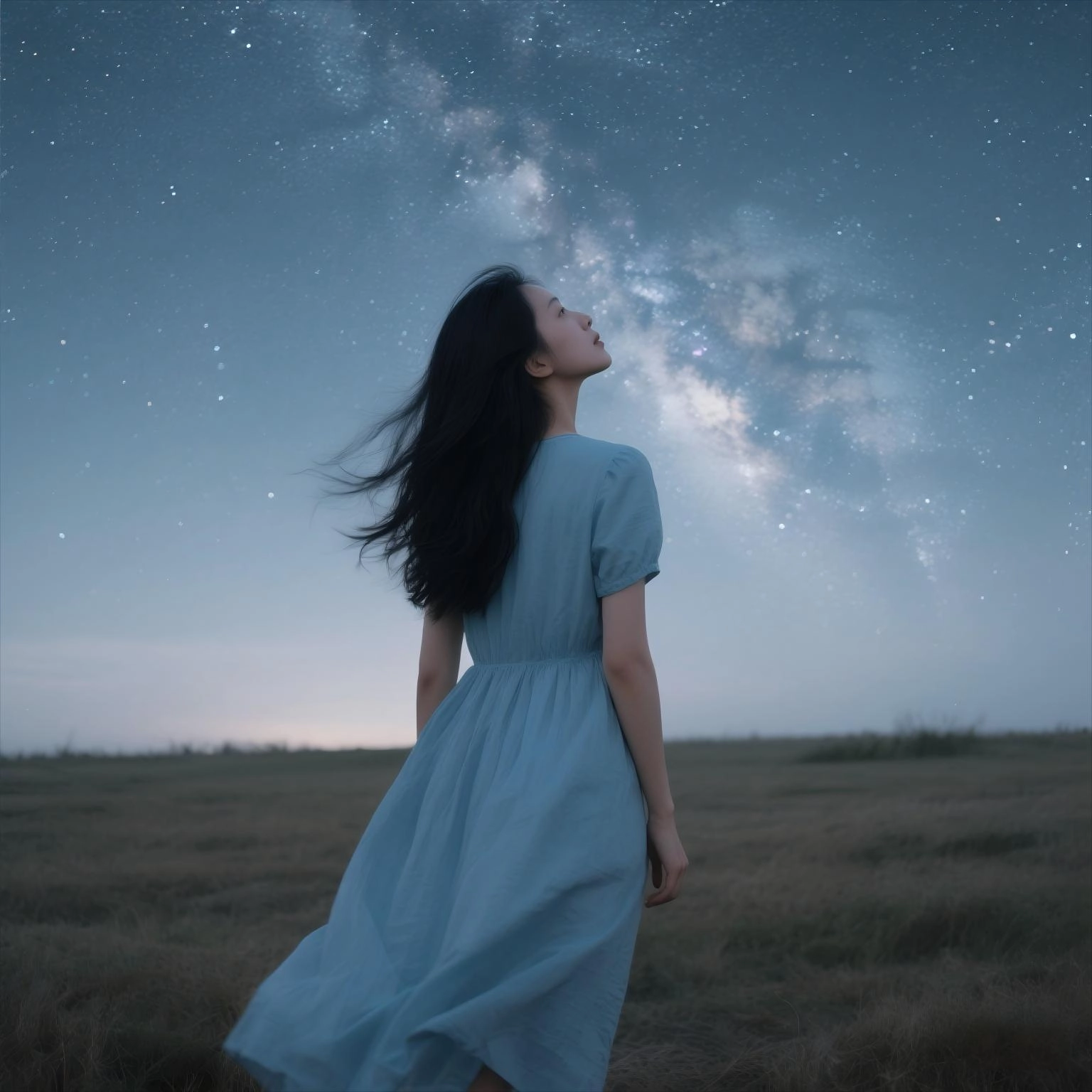 一個女性抬頭仰望星空的背影