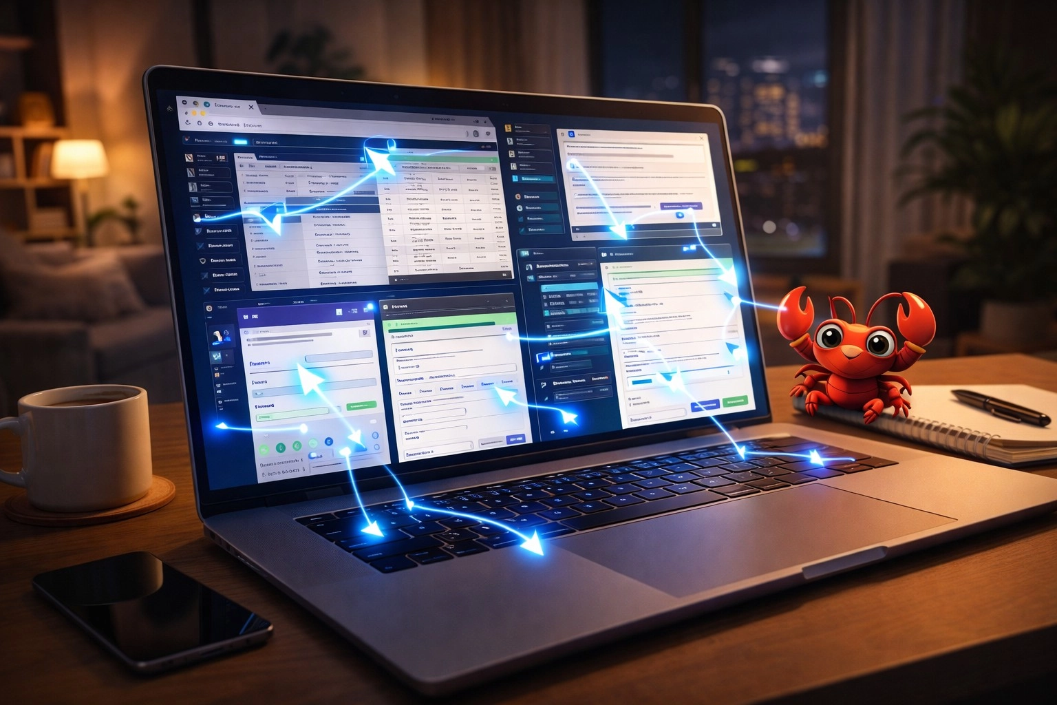 AI Agent 自動操控電腦畫面，螢幕上多個視窗同時被操作，桌角坐著小龍蝦吉祥物