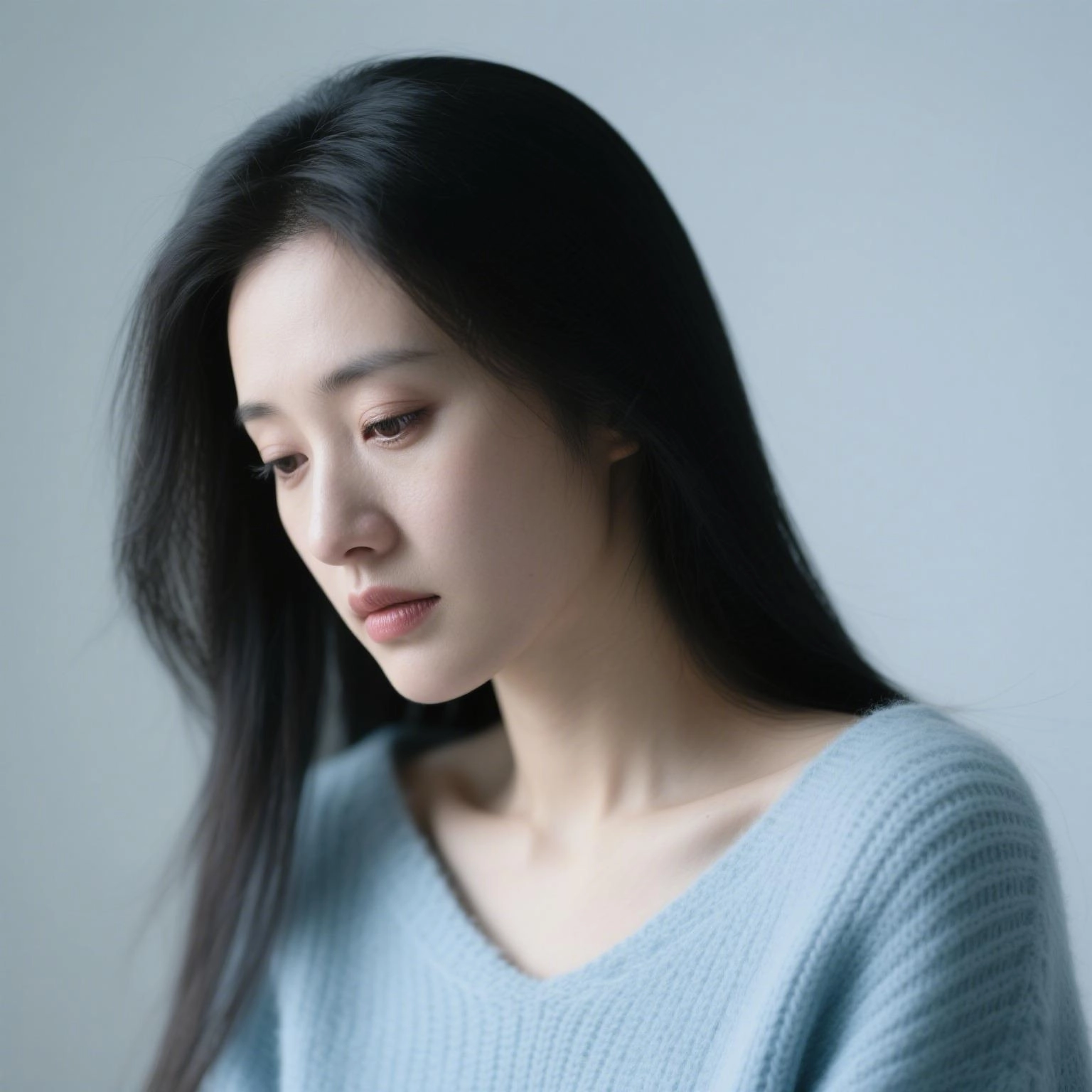 一位華人女性低頭沉思的特寫