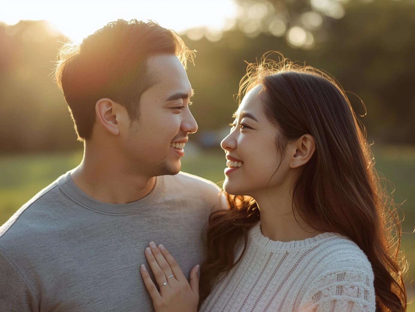 情侶微笑對視的溫暖畫面，象徵關係修復後重新找回的愛與親密感