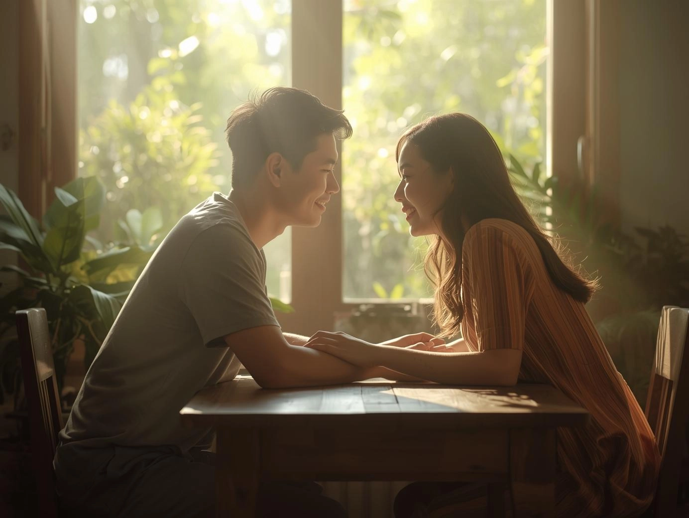 情侶面對面專注對話的溫馨場景，展現關係修復練習中的有效溝通與情感連結