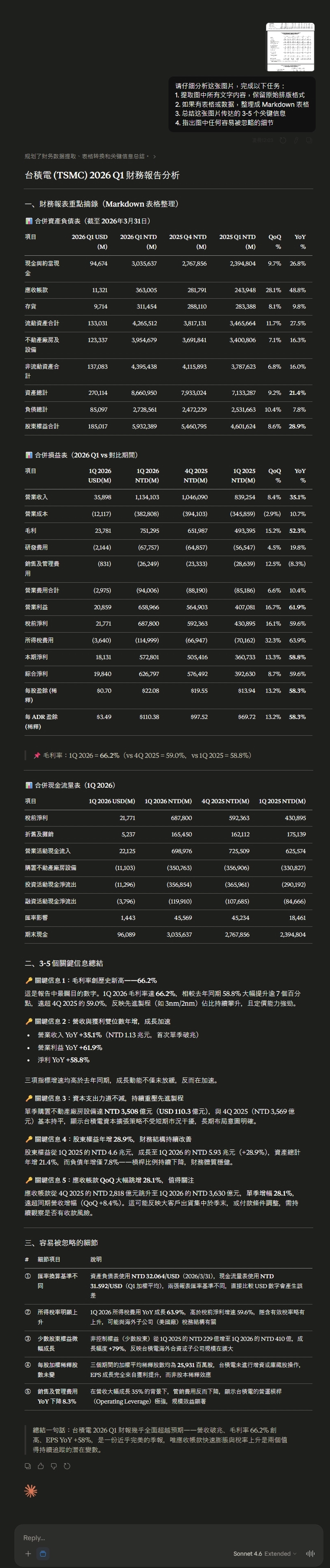 Sonnet 4.6 Extended Thinking 實測台積電財報圖片分析