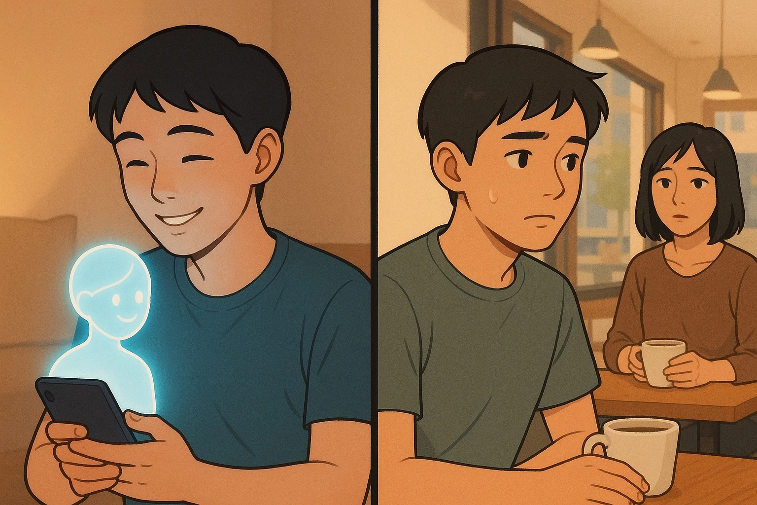 AI 陪伴與真實社交對比圖：左側顯示一個人與 AI 聊天的放鬆狀態，右側顯示與真人互動時的緊張感，呈現擬社交互動的便利性與真實關係的挑戰性