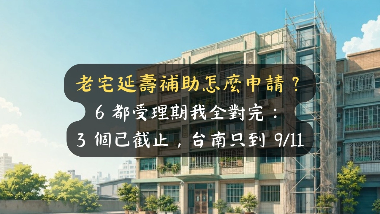 老宅延壽補助怎麼申請？6 都受理期我全對完：3 個已截止，台南只到 9/11