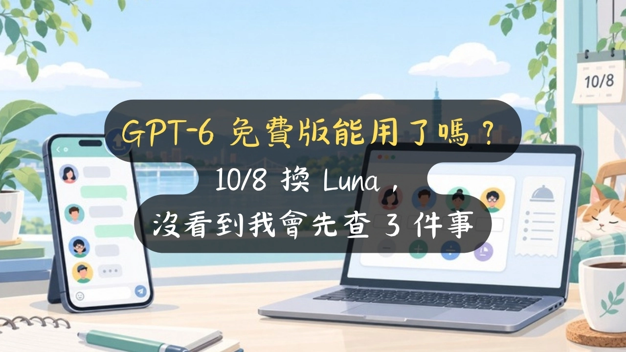 GPT-6 免費版能用了嗎？10/8 換 Luna，沒看到我會先查 3 件事