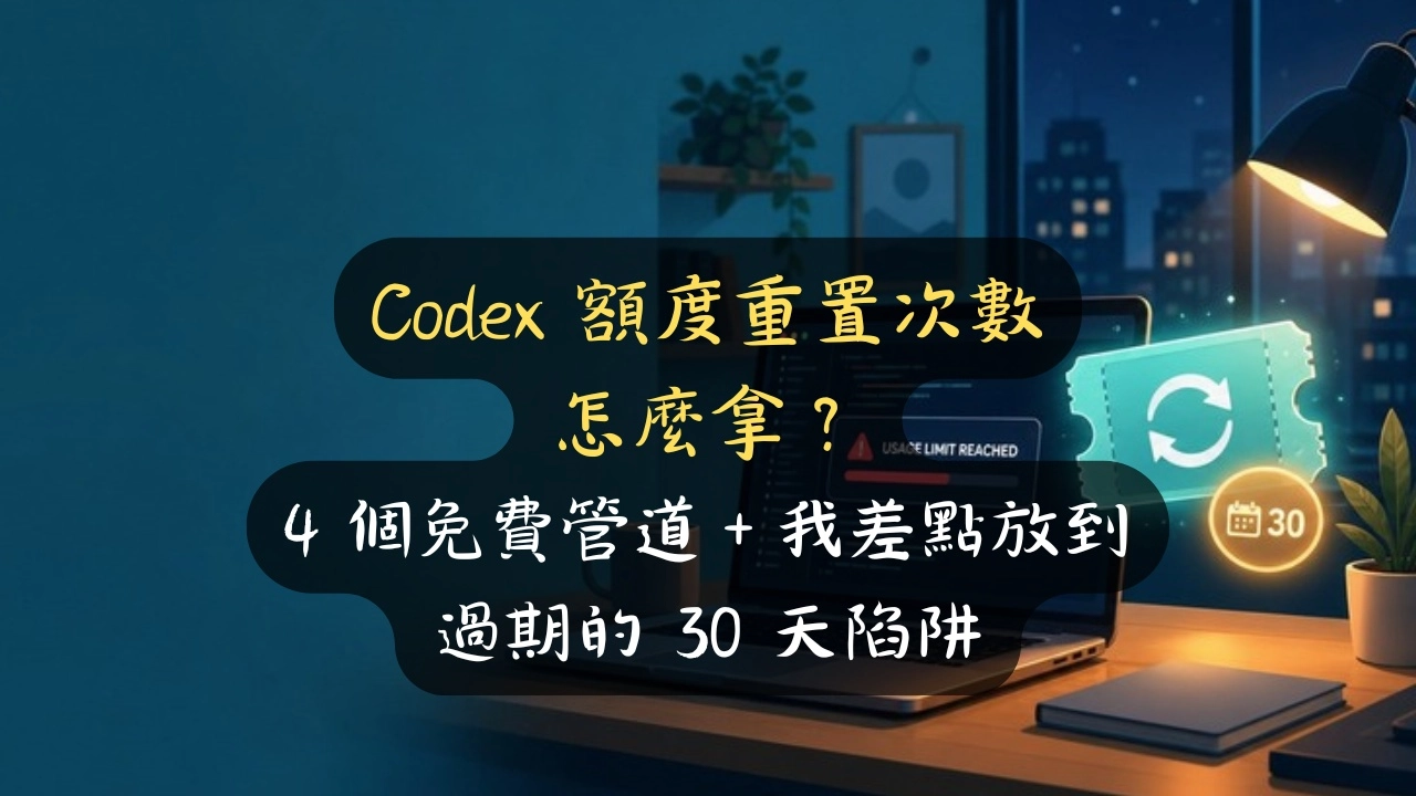 Codex 額度重置次數怎麼拿？4 個免費管道＋我差點放到過期的 30 天陷阱