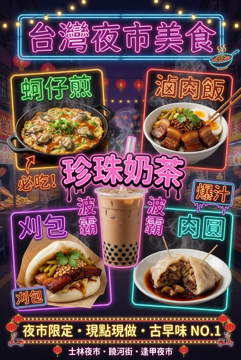 Grok Imagine AI 生圖實測台灣夜市美食宣傳海報