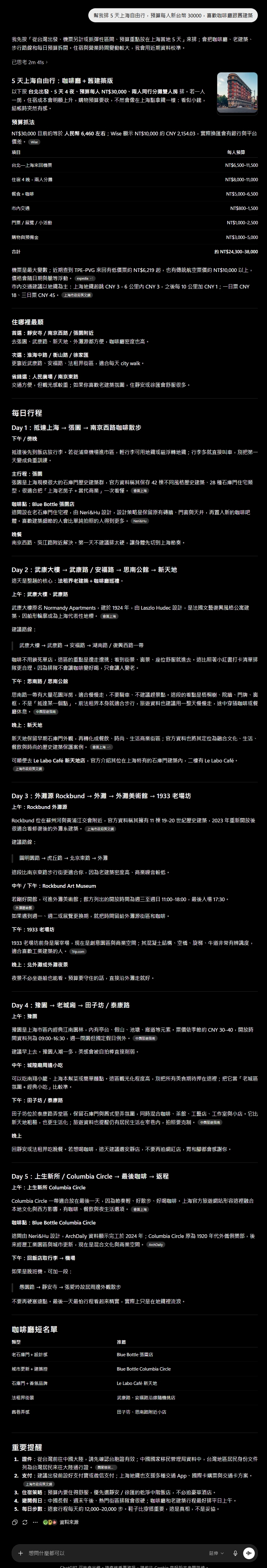 ChatGPT 旅遊規劃 上海自由行5 天行程 實測