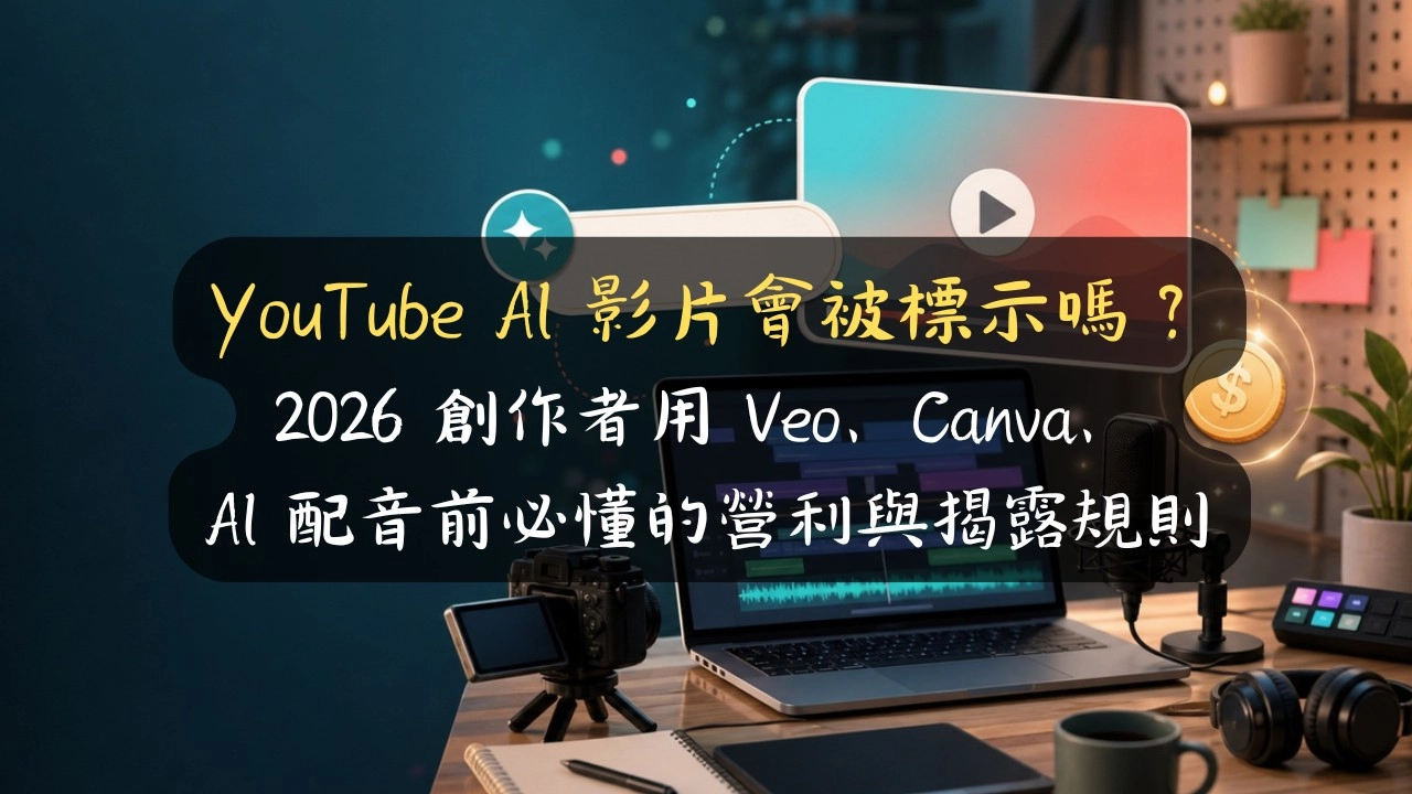 YouTube AI 影片會被標示嗎？2026 創作者用 Veo、Canva、AI 配音前必懂的營利與揭露規則