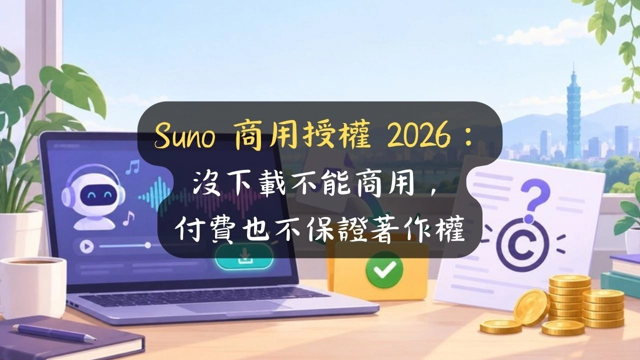 Suno 商用授權 2026：沒下載不能商用，付費也不保證著作權