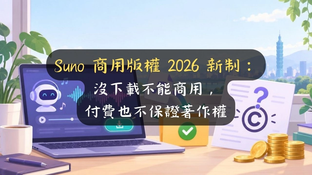 Suno 商用版權 2026 新制：沒下載不能商用，付費也不保證著作權
