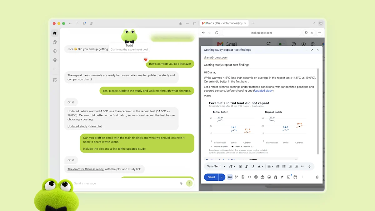 ChatGPT dots 官方示意圖：綠色 dot 替使用者更新研究並草擬 Gmail 郵件，dots 由 GPT-6 Astra 驅動