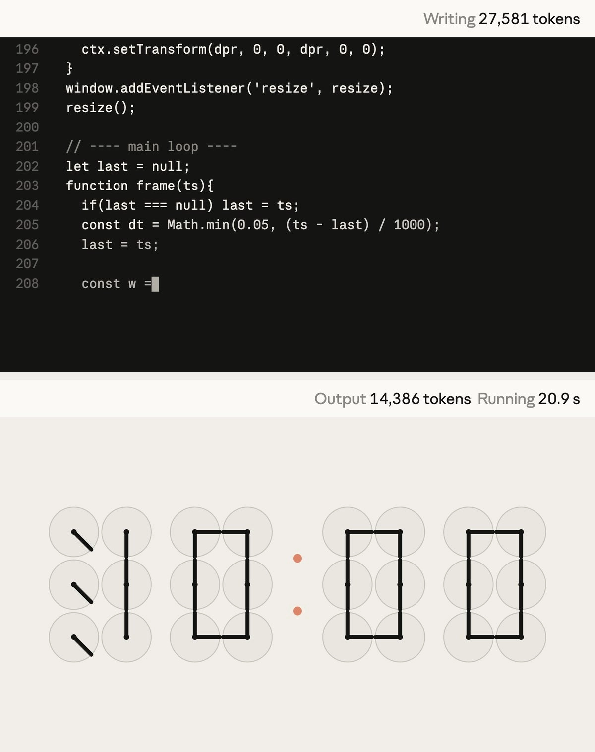 Sonnet 5.5 與前一代寫同一個時鐘程式的 token 對比:27,581 還沒寫完,14,386 已寫完