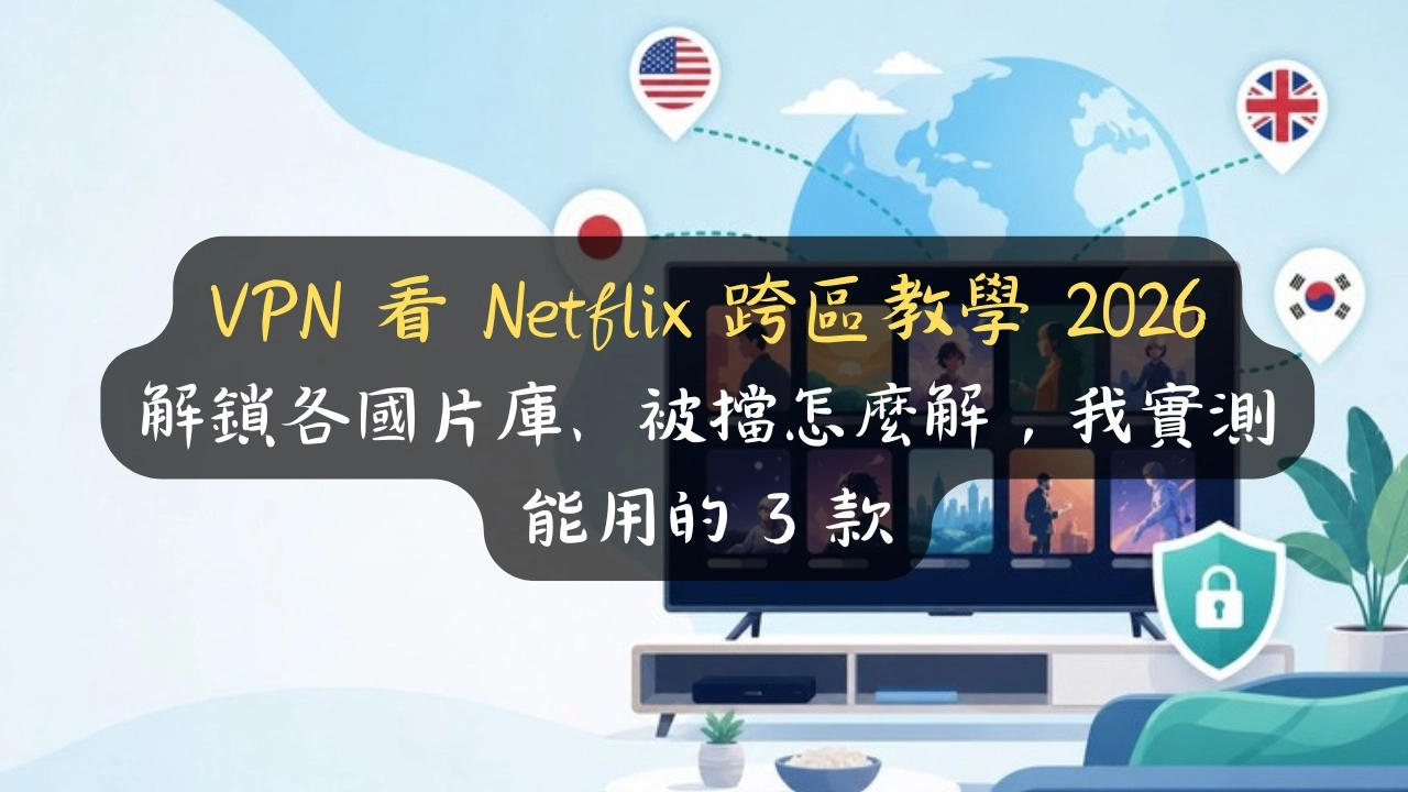 VPN 看 Netflix 跨區教學 2026：我實測 3 款能解鎖各國片庫，被擋 E106 一招救回