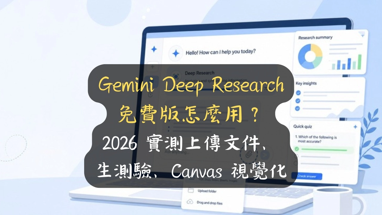Gemini Deep Research 免費版怎麼用？2026 實測上傳文件、生測驗、Canvas 視覺化