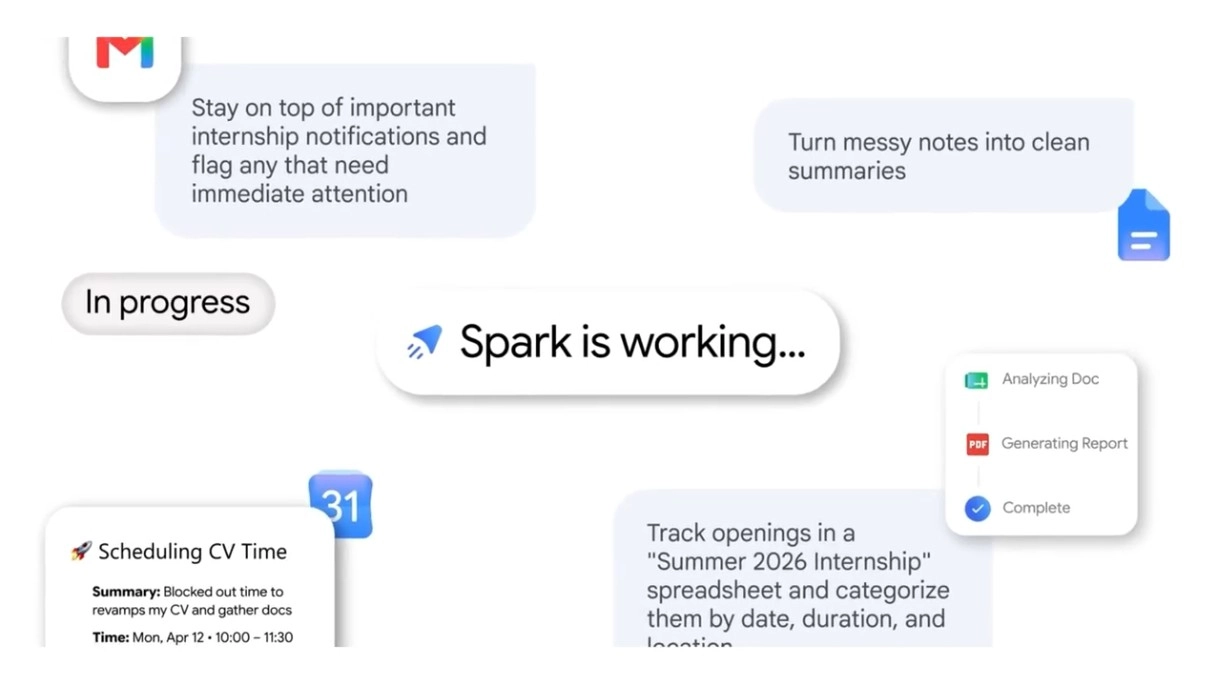 Gemini Spark 官方示意圖:在背景整理 Gmail 通知、摘要筆記、安排行事曆