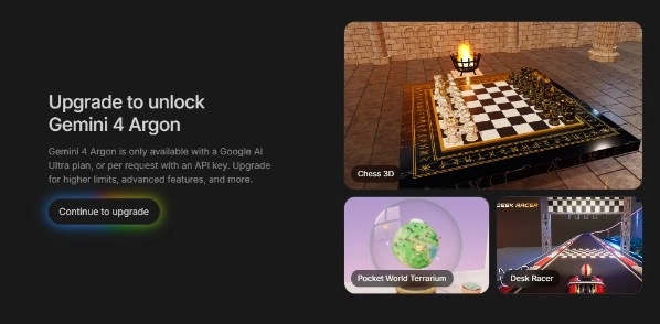 Google AI Pro 帳號在 AI Studio 選 Gemini 4 Argon 出現 Upgrade to unlock 升級畫面