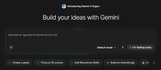 Google AI Studio Build 頁面的功能選項,包含 Build an Android app