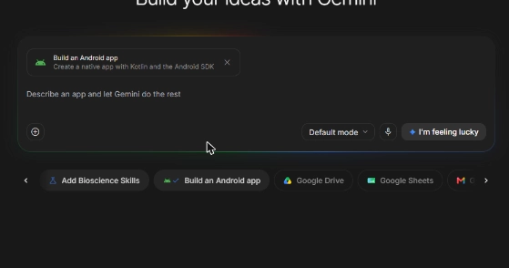 Google AI Studio 選取 Build an Android app 後,輸入框出現 Kotlin 原生 App 附件