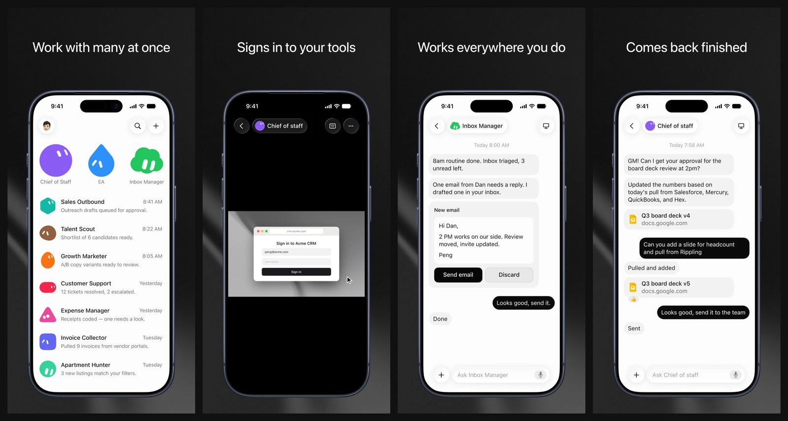 Grok Bot App 官方截圖:同時管理多個 AI 代理、登入 CRM 工具、寄信前等你按確認