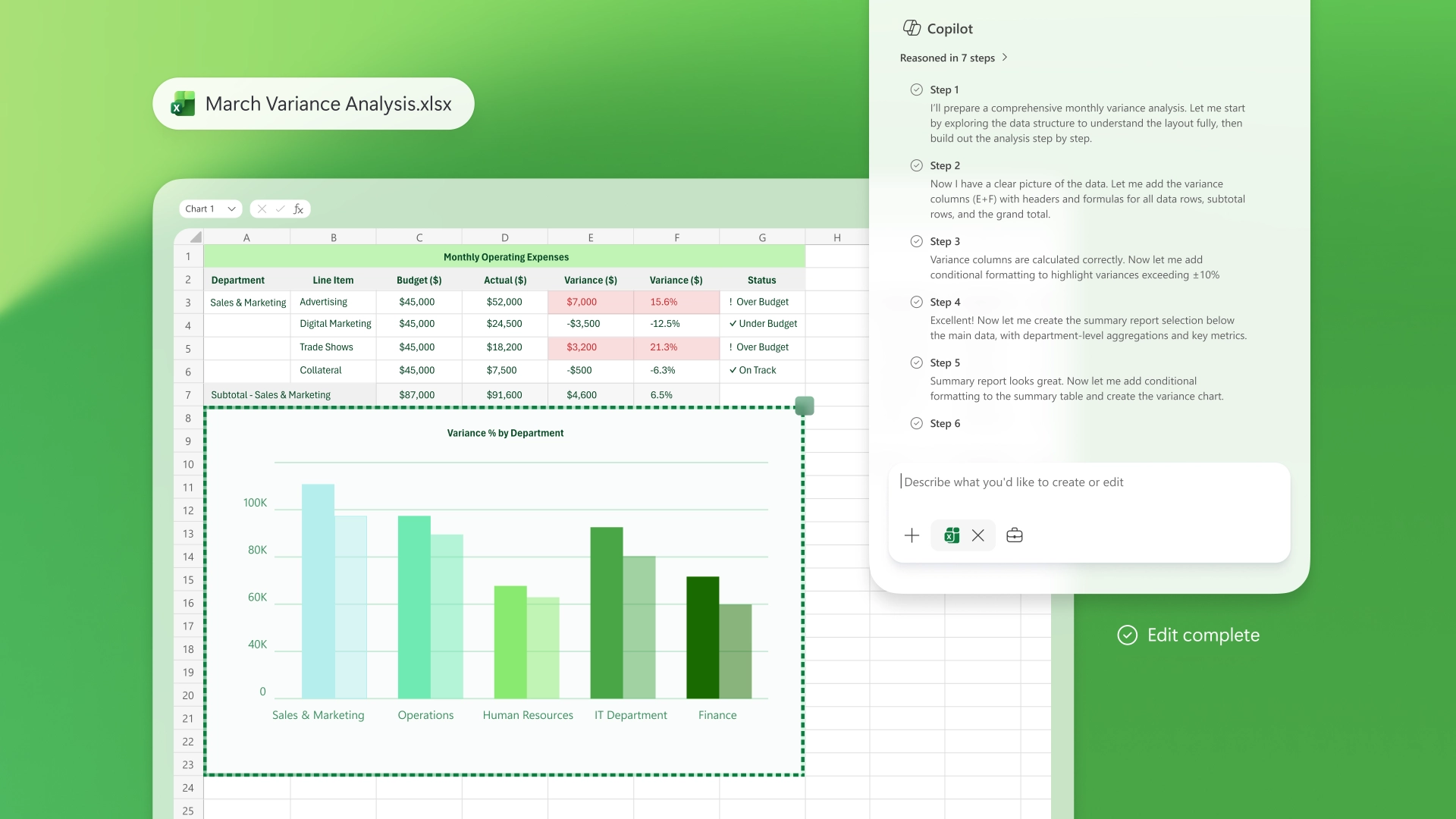 Microsoft 365 Copilot 在 Excel 執行差異分析並列出推理步驟,進階版的 AI Agent 功能示意