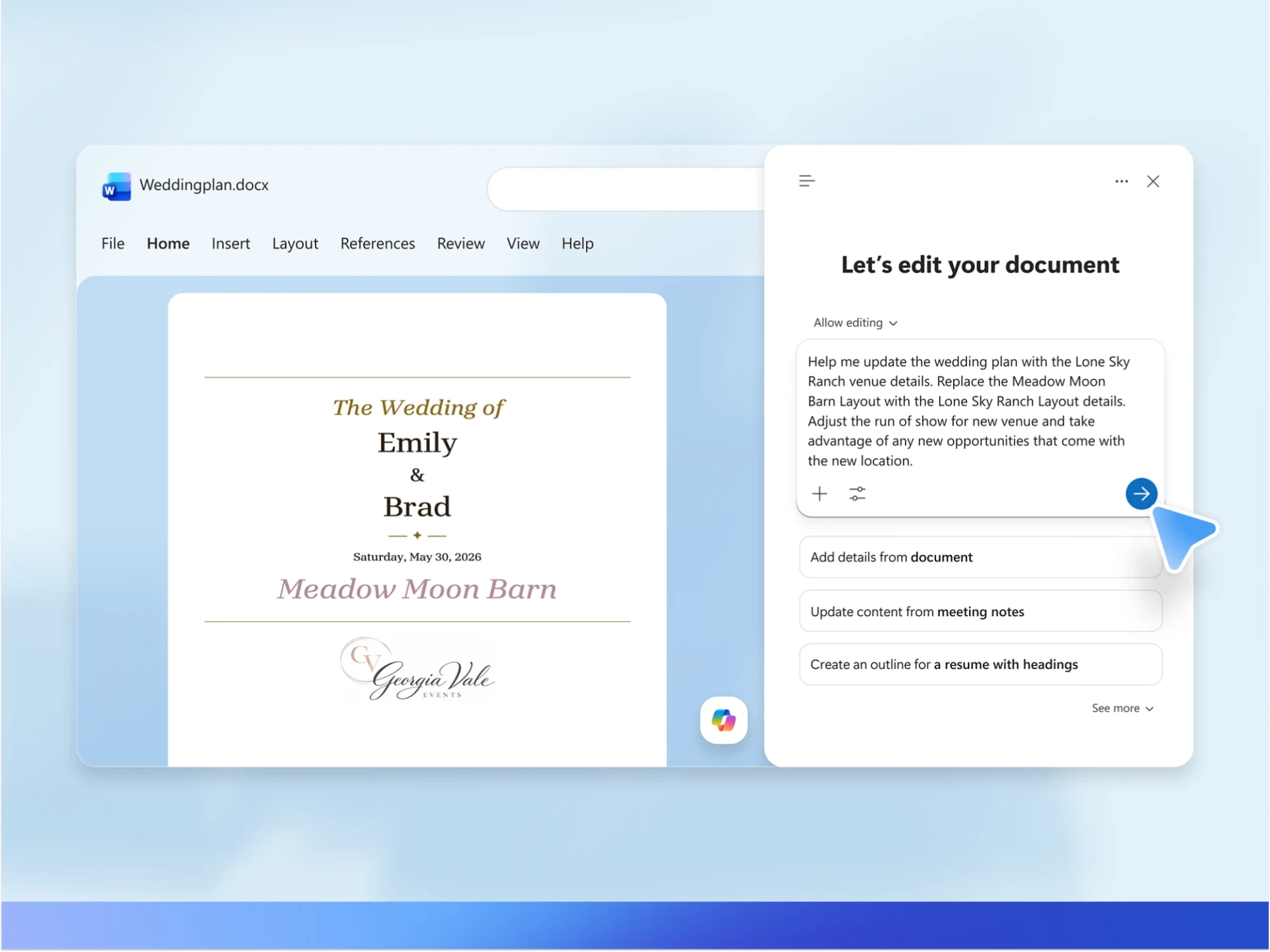 Microsoft 365 Copilot 在 Word 裡的編輯面板,訂閱個人版以上才有的 AI 功能